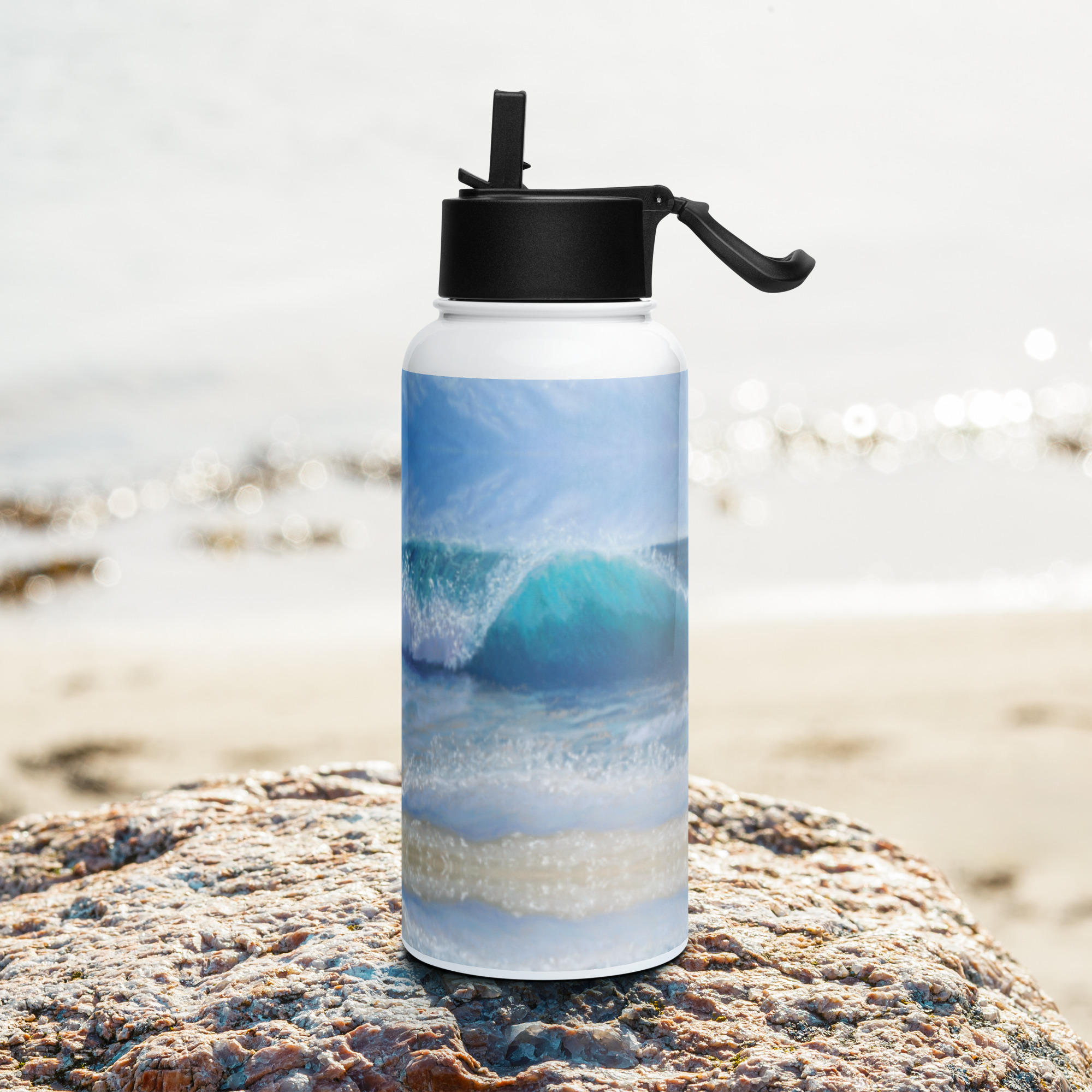 Wave of Comfort Pastel Painting Stainless Steel Water Bottle With Straw - Image 2